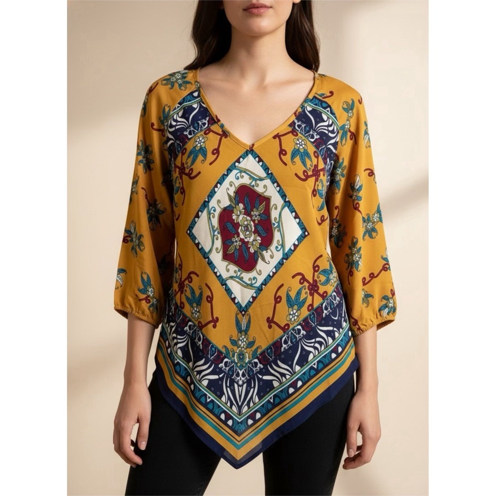 Heart Soul Women's 3/4 Sleeve Yellow Blue Floral Patterned V-Neck Tunic Blouse S